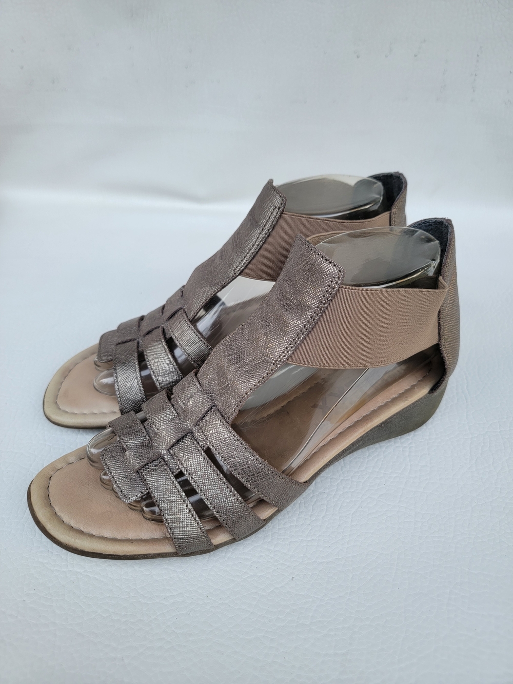 THE FLEXX Metallic Taupe Woven Elastic Ankle Wedge Sandals